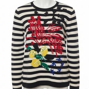 Escada Black and White Striped Sweater with Red and Yellow Floral Design
